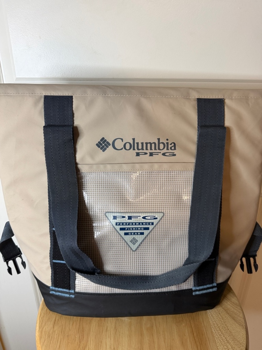Columbia PFG Tan Duffel Tote with Black Base and Navy Straps
